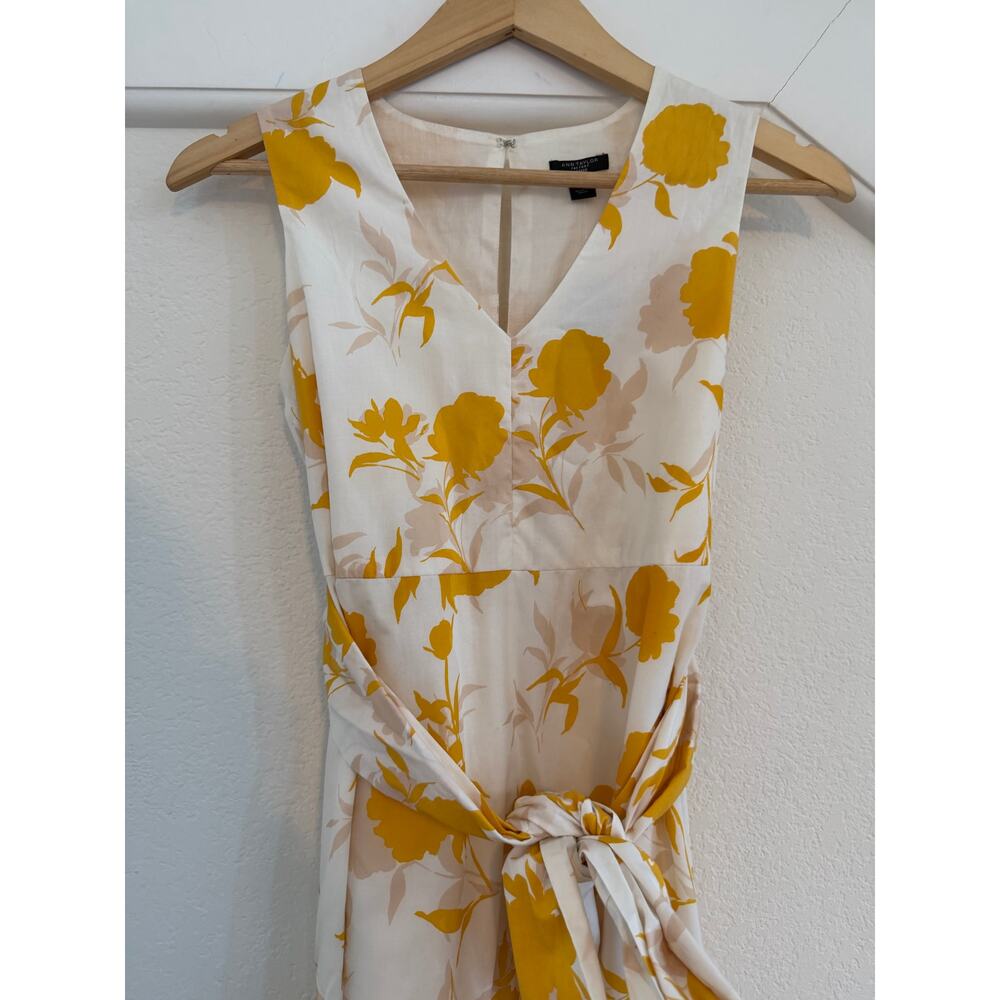 NWT Ann Taylor Floral Belted Dress Womens XXS Petite Cottagecore Cotton Yellow - Picture 4 of 12